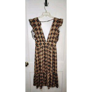 NWT Size Medium Olivaceous Dress Mustard / Navy Blue Floral Midi Flutter